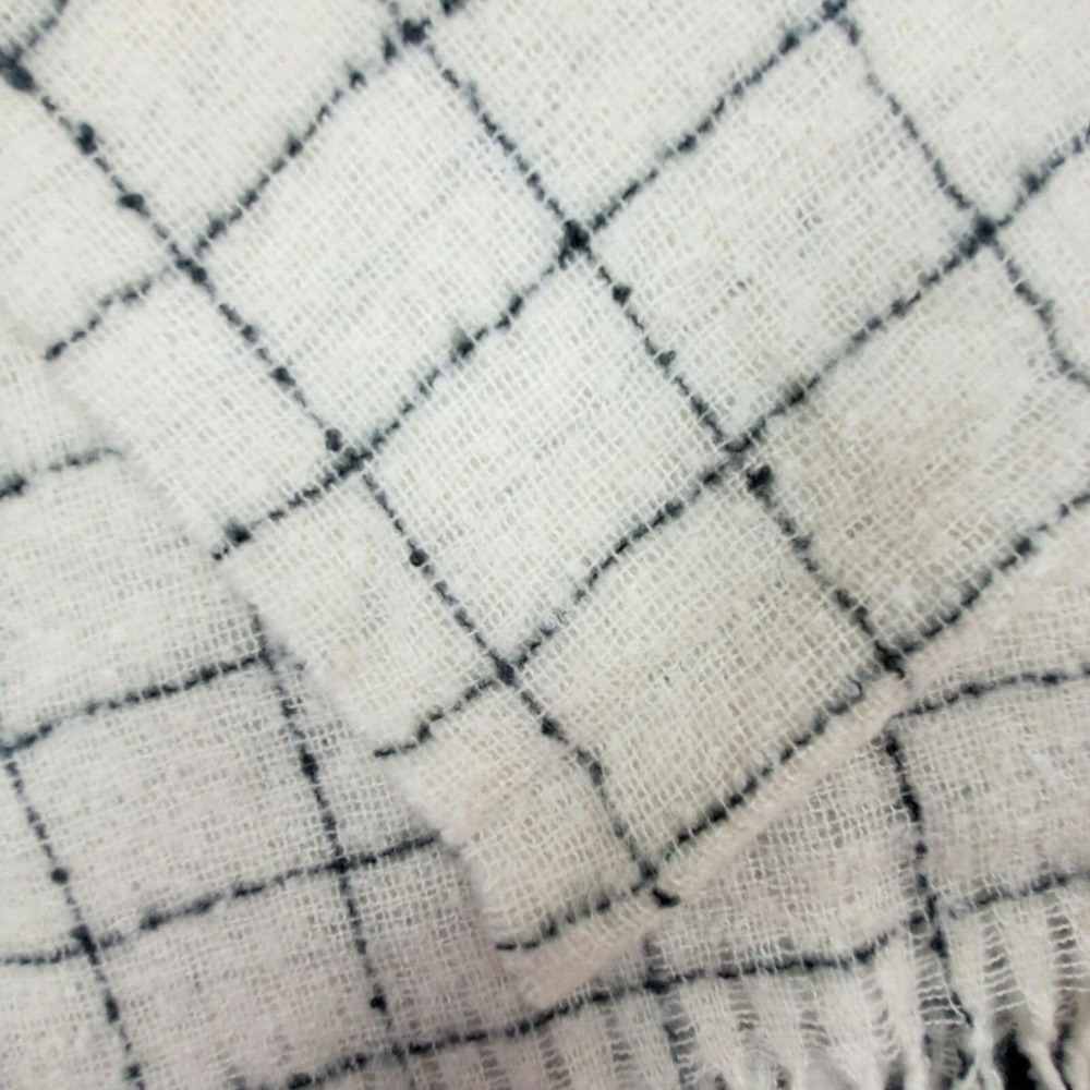 LOFT Women's Wool Blend Scarf Cream Black Check Rectangular One Size Fringe - Picture 3 of 4